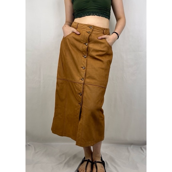 Vintage Together Tan Brown Genuine Leather Pencil Skirt - Picture 2 of 8